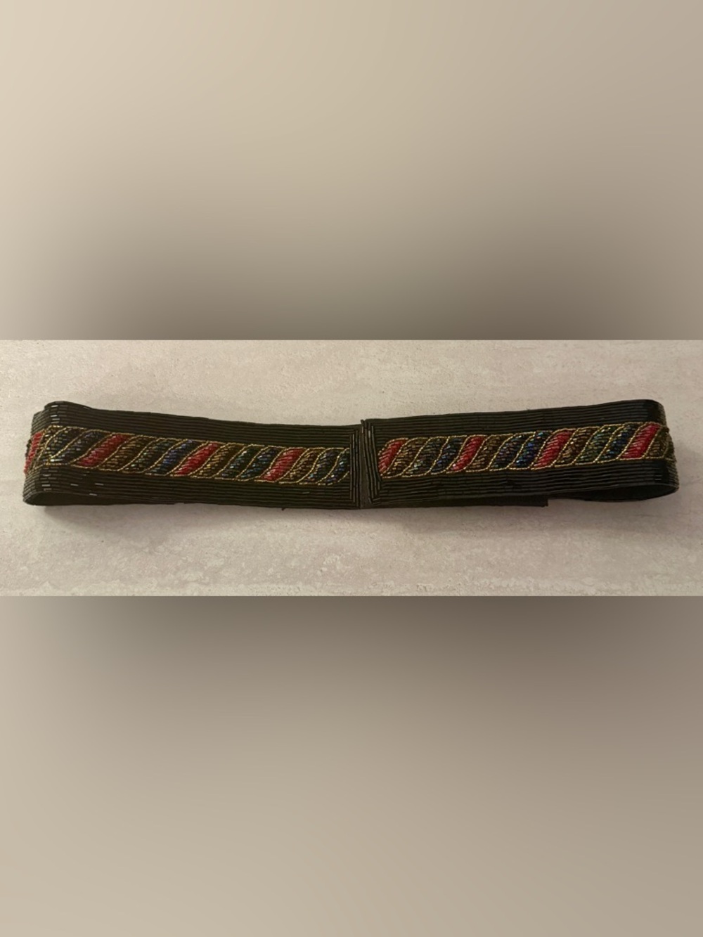 Vintage Beaded Black Silk Belt Embellished with Gold Blue Red Geometric Design